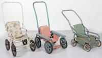 Three child’s push-along pressed metal Dolls prams, circa 1960