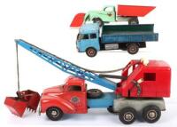 Gama tinplate Crane truck and Plough tipping lorry, W.Germany circa 1960