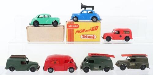 Tri-ang Minic Push and Go plastic Loudspeaker van and six various plastic clockwork vehicles