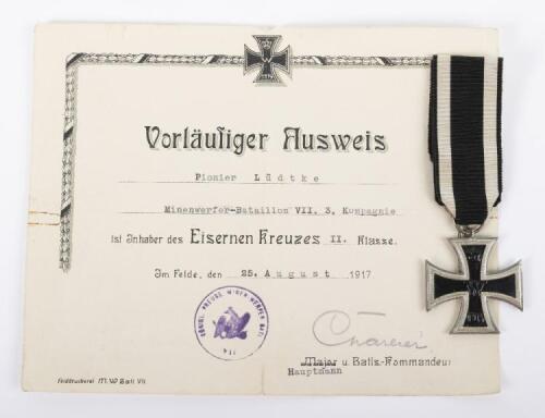 WW1 1914 Iron Cross 2nd Class and Citation Set to a Member of a Pioneer Minenwerfer-Battalion VIII