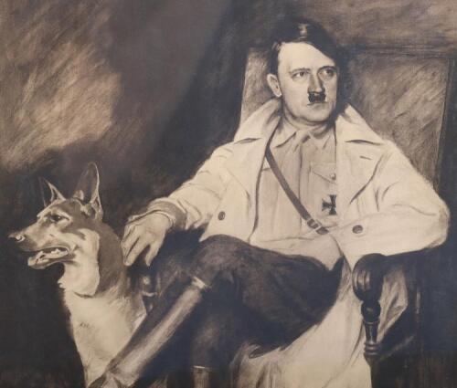 Unusual Third Reich Period Print of the Painting by Carl Josef Bauer of Adolf Hitler and his Dog Blondie