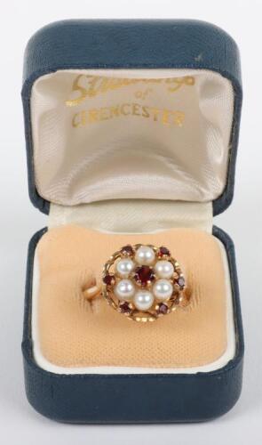 A 9ct gold, pearl and garnet cluster ring