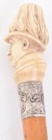 ^ Sword cane 36.25”, mid-19th century, ivory handle carved with gentleman’s head wearing plumed helmet