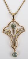 An Art Nouveau 15ct gold, aquamarine and pearl open work pendant necklace