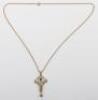 An Art Nouveau 15ct gold, aquamarine and pearl open work pendant necklace - 4