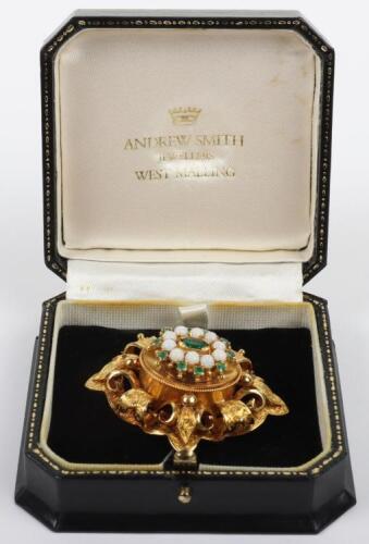 An 18ct gold, emerald and opal lozenge shaped brooch,