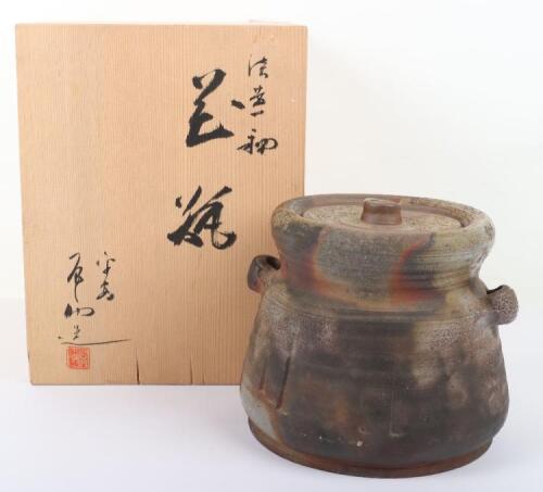 A Japanese 20th century studio ware pot and cover, bizen ware, signed to base