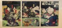 A late 19th century Japanese triptych woodblock print, in the style of Kunisada