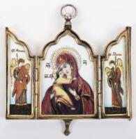 An early 20th century (1908-1926) Russian silver and cloisonne enamel triptych icon, by Khlebnikov, Moscow