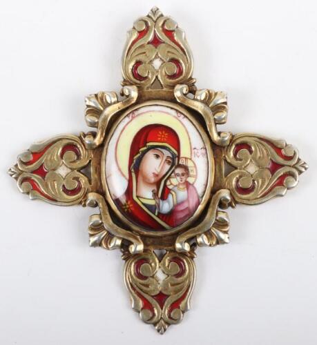 An early 20th century (1908-1926) silver gilt and enamel cross pendant, St Petersburg