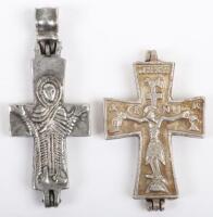 Two Russian unmarked silver colour pectoral crosses,