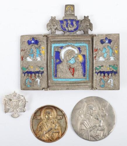A na&iuml;ve metal and enamel triptych icon