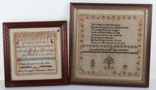Two Victorian needlework sampler&rsquo;s, by Helen Glassford aged 8 in 1874 and Jane Holt in 1851