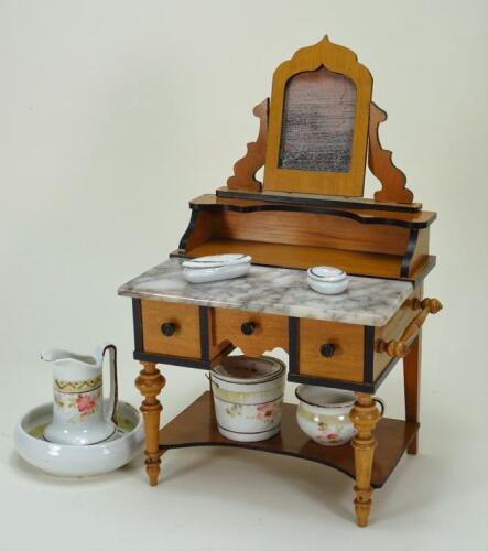 A good dolls cherry wood and marble wash stand, German circa 1890,