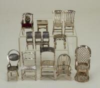 Collection of miniature silver and white metal furniture, late 19th/20th century,