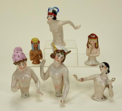 Six 1920s glazed china half-dolls,