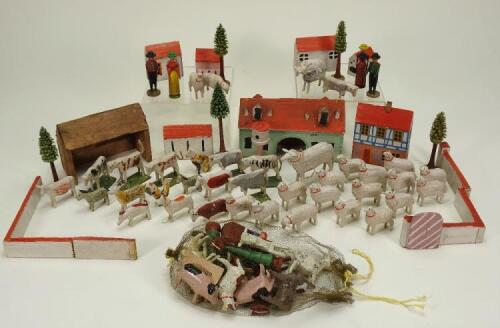 Collection of Erzgebirge wooden Farm and animals, German 19th century,