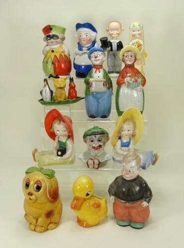 Collection of glazed china character people and animal novelty figures,
