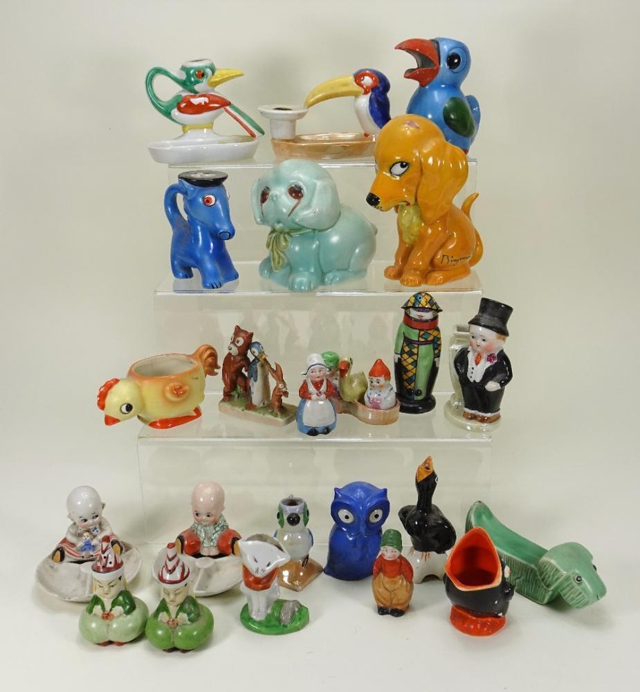Collection of glazed china character people and animal novelty figures,