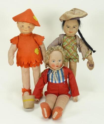 Three theatre Pantomime cloth character dolls, 1930s,