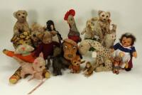 A collection of various soft toys,