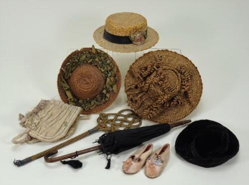 A collection of five dolls hats and bonnets together with original Depose doll shoes,