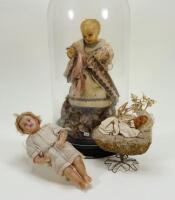 Wax Creche figure under dome, southern European early 20th century,