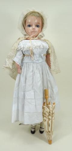 Wax over composition shoulder head doll, German circa 1890,