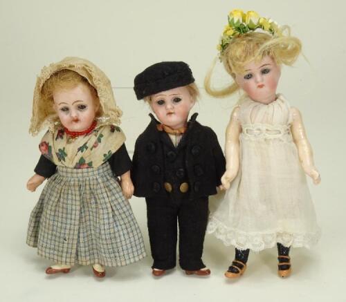 Three miniature bisque head dolls, German circa 1910,