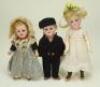 Three miniature bisque head dolls, German circa 1910,