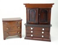 Miniature wooden Cupboard and bow fronted Chest of Drawers, English 19th century,