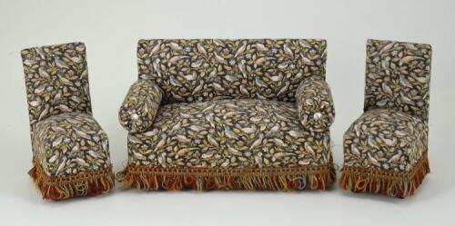 Dolls House upholstered settee and two chairs, late 19th century,