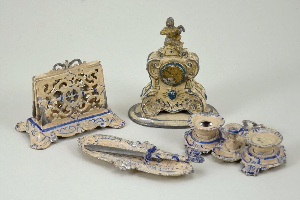 Rococo Style Painted Soft Metal Miniature Writing Desk Set Circa 1900 rococo-style-painted-soft-metal-miniature-writing-desk-set-circa-1900