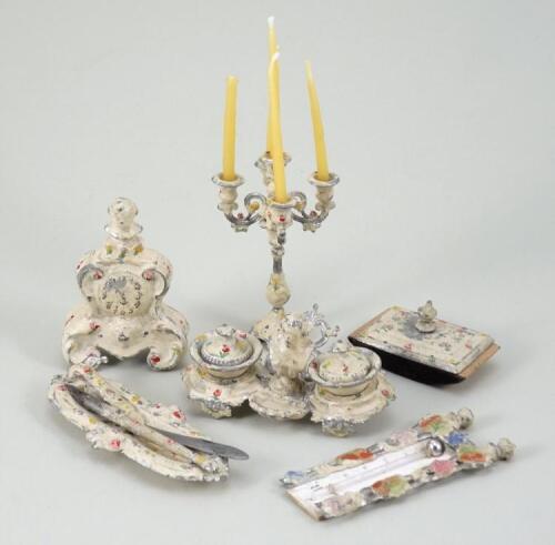 Rococo style painted soft metal miniature writing desk set, circa 1900,