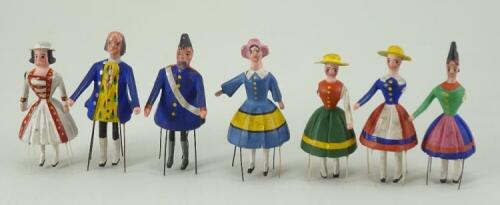 Eight Erzgebirge Bristol Piano Dancing figures, 1860-80,