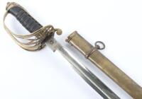 British 1845 Pattern Infantry Officers Dress Sword, with universal pattern brass hilt, leather covered grip, brass scabbard and blade with etching including Victorian cipher. This sword is an excellent museum quality reproduction and is being sold as such