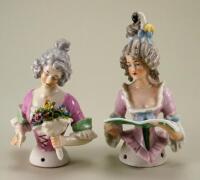 Pair of larger size glazed china Lady half-dolls with Music book and Bouquet of Flowers,