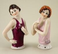 Pair of larger size glazed china brown haired Flapper half-dolls,