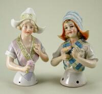 Pair of larger size glazed china young Ladies holding flowers half-dolls,