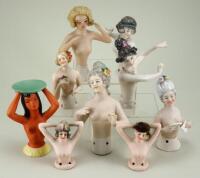 Selection of nine bisque and glazed china half-dolls,