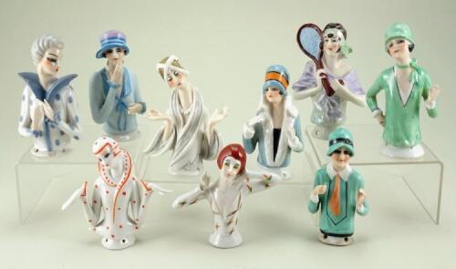 Collection of glazed china Flapper and Deco style half-dolls,