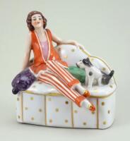 Glazed china seated Deco Lady dressing table box, 1920s