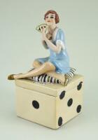 Glazed china Deco Lady playing cards dressing table box, 1920s,