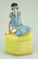 Glazed china Tennis Lady dressing table box, 1920s,