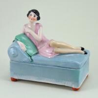 Glazed china lounging Deco Lady dressing table box, 1920s,