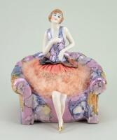 Glazed china powder puff armchair and half-doll Deco Lady, 1920s,