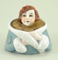 Unusual glazed china powder box with fur puff head, 1920s,
