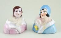 Two glazed china Deco Lady head and shoulder base powder puffs, 1920s,