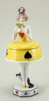 Glazed china Card Playing standing Lady dressing table powder puff, 1920s,