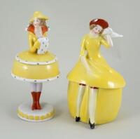 Two glazed china Deco Lady dressing table powder puffs, 1920s,